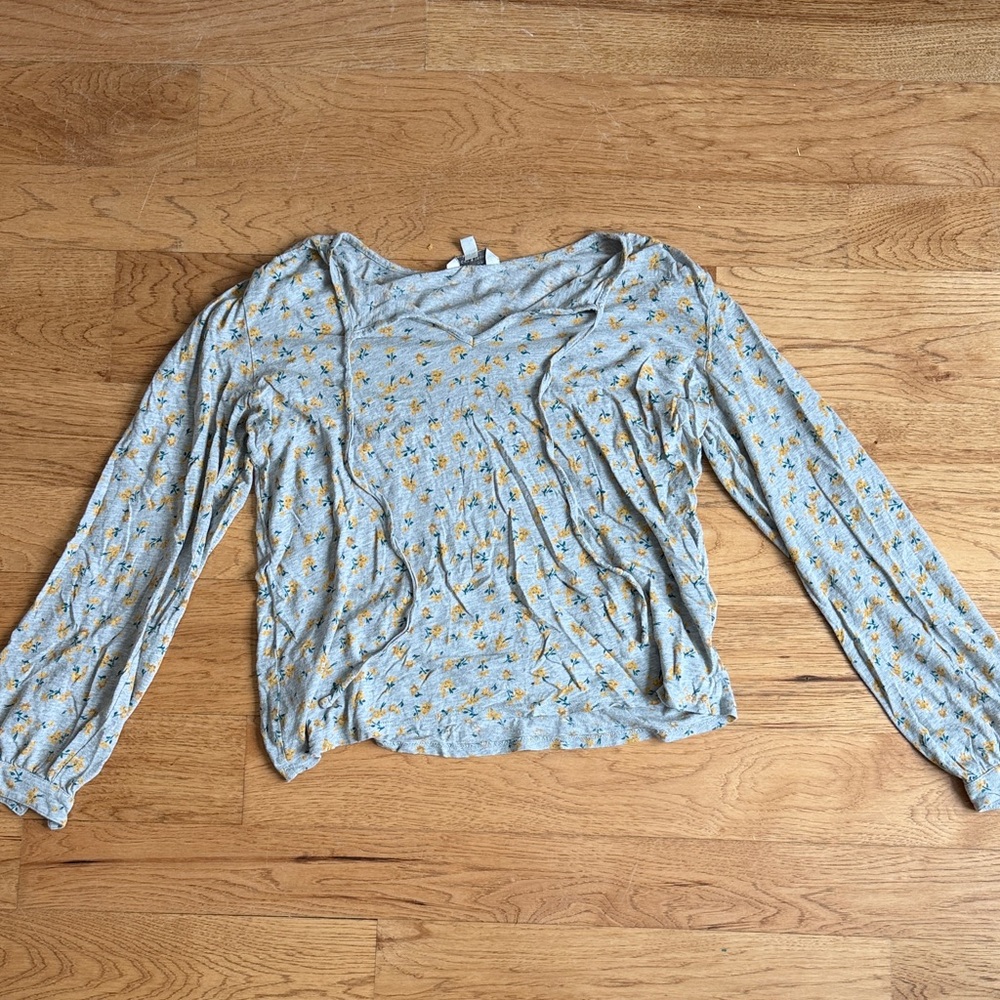 Lucky Brand Pale Blue Long Sleeve Tee with Yellow Floral Accent